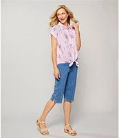 Allison Daley Gingham Floral Print Short Sleeve Tie Front Button Blouse
