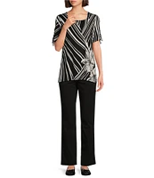 Allison Daley Hibiscus Wave Print Short Ruched Tie Sleeve Square Neck Knit Top
