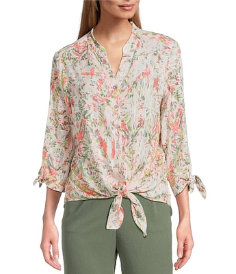 Allison Daley Ikat Diamond Print 3/4 Tie Sleeve Y-Neck Button Front Tie-Hem Blouse