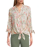 Allison Daley Ikat Diamond Print 3/4 Tie Sleeve Y-Neck Button Front Tie-Hem Blouse
