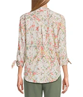 Allison Daley Ikat Diamond Print 3/4 Tie Sleeve Y-Neck Button Front Tie-Hem Blouse