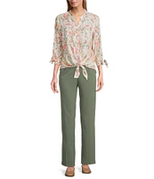 Allison Daley Ikat Diamond Print 3/4 Tie Sleeve Y-Neck Button Front Tie-Hem Blouse