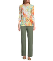 Allison Daley Ikat Floral Print 3/4 Ruched Sleeve Crew Neck Linear Jacquard Knit Top