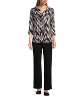 Allison Daley Ikat Herringbone Print Pleated 3/4 Sleeve V-Neck Knit Top