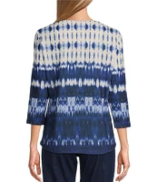 Allison Daley Indigo Blues Abstract Print Embellished 3/4 Sleeve Crew Neck Knit Top