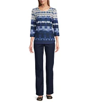 Allison Daley Indigo Blues Abstract Print Embellished 3/4 Sleeve Crew Neck Knit Top