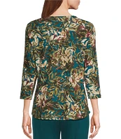 Allison Daley Layered Leaves Print Pleated 3/4 Sleeve V Neck Knit Top