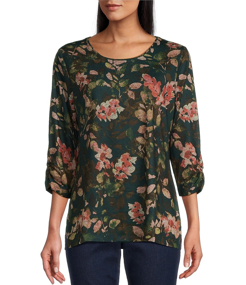 Allison Daley Leaves Print Embellished 3/4 Ruched Sleeve Crew Neck Abstract Tee Shirt