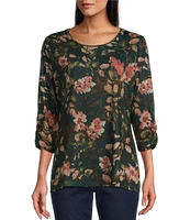 Allison Daley Leaves Print Embellished 3/4 Ruched Sleeve Crew Neck Abstract Tee Shirt