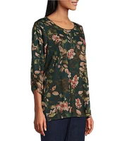 Allison Daley Leaves Print Embellished 3/4 Ruched Sleeve Crew Neck Abstract Tee Shirt