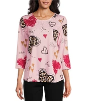 Allison Daley Leopard Hearts Print 3/4 Sleeve Crew Neck Knit Top