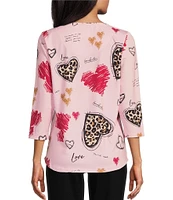 Allison Daley Leopard Hearts Print 3/4 Sleeve Crew Neck Knit Top