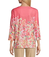Allison Daley Living Floral Print 3/4 Sleeve Criss Cross V-Neck Knit Top