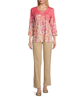 Allison Daley Living Floral Print 3/4 Sleeve Criss Cross V-Neck Knit Top