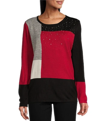 Allison Daley Long Sleeve Crew Neck Embellished Color Block Sweater