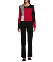 Allison Daley Long Sleeve Crew Neck Embellished Color Block Sweater