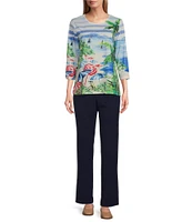 Allison Daley Miami Beach Print 3/4 Sleeve Crew Neckline Knit Top