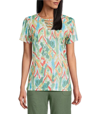 Allison Daley Natural Ikat Print Short Sleeve Criss-Cross Keyhole Neck Short Sleeve Jersey Knit Top