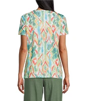 Allison Daley Natural Ikat Print Short Sleeve Criss-Cross Keyhole Neck Short Sleeve Jersey Knit Top
