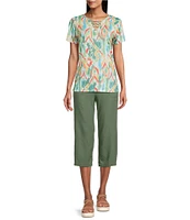 Allison Daley Natural Ikat Print Short Sleeve Criss-Cross Keyhole Neck Short Sleeve Jersey Knit Top