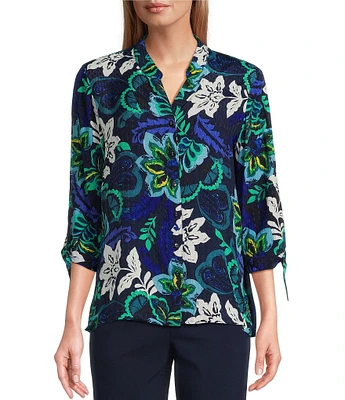 Allison Daley Navy Arabesque Print 3/4 Tie Sleeve Y-Neck Button Front Blouse