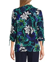 Allison Daley Navy Arabesque Print 3/4 Tie Sleeve Y-Neck Button Front Blouse