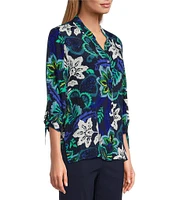 Allison Daley Navy Arabesque Print 3/4 Tie Sleeve Y-Neck Button Front Blouse