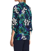 Allison Daley Navy Arabesque Print 3/4 Tie Sleeve Y-Neck Button Front Blouse