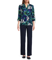 Allison Daley Navy Arabesque Print 3/4 Tie Sleeve Y-Neck Button Front Blouse
