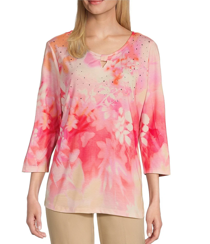 Allison Daley Ombre Floral Print 3/4 Sleeve Keyhole Neck Knot Knit Top