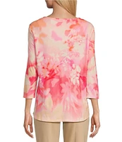Allison Daley Ombre Floral Print 3/4 Sleeve Keyhole Neck Knot Knit Top