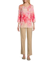 Allison Daley Ombre Floral Print 3/4 Sleeve Keyhole Neck Knot Knit Top