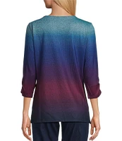 Allison Daley Ombre Print Embellished 3/4 Ruched Sleeve Crew Neck Abstract Tee Shirt