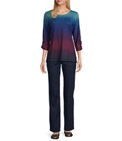 Allison Daley Ombre Print Embellished 3/4 Ruched Sleeve Crew Neck Abstract Tee Shirt