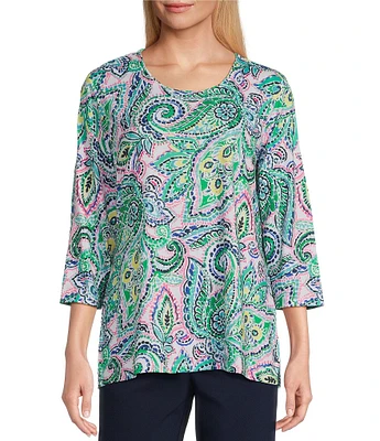 Allison Daley Painterly Paisley Print 3/4 Sleeve Crew Neck Knit Top