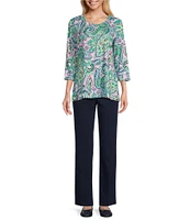 Allison Daley Painterly Paisley Print 3/4 Sleeve Crew Neck Knit Top