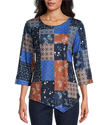 Allison Daley Paisley Patchwork Print 3/4 Sleeve Crew Neck Asymmetric Hem Knit Top