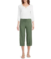 Allison Daley Petite Embellished Applique Split Round Neck 3/4 Ruched Sleeve Woven Top