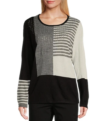 Allison Daley Petite Size 3/4 Sleeve Crew Neck Embellished Color Block Sweater