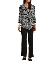 Allison Daley Petite Size Giraffe Printed 3/4 Sleeve Keyhole Neck Asymmetric Hem Pleated Knit Top