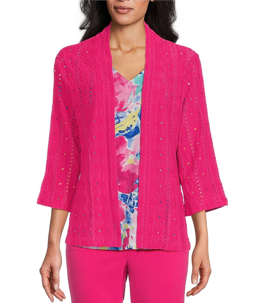 Allison Daley Petite Size 3/4 Sleeve Open-Front Eyelet Knit Cardigan