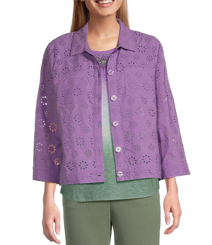 Allison Daley Petite Size 3/4 Sleeve Point Collar Button Front Eyelet Jacket