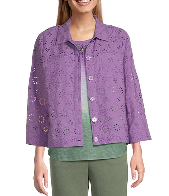 Allison Daley Petite Size 3/4 Sleeve Point Collar Button Front Eyelet Jacket