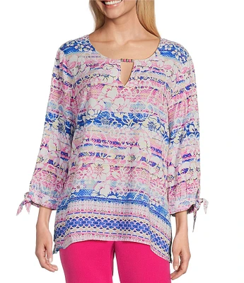 Allison Daley Petite Size 3/4 Tie Sleeve Keyhole Neck Blouse