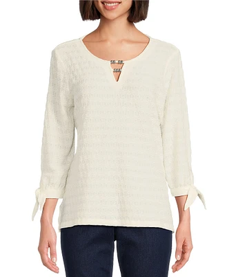 Allison Daley Petite Size 3/4 Tie Sleeve Keyhole Neck Wave Knit Top