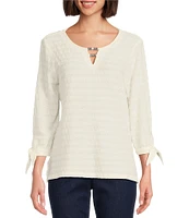 Allison Daley Petite Size 3/4 Tie Sleeve Keyhole Neck Wave Knit Top