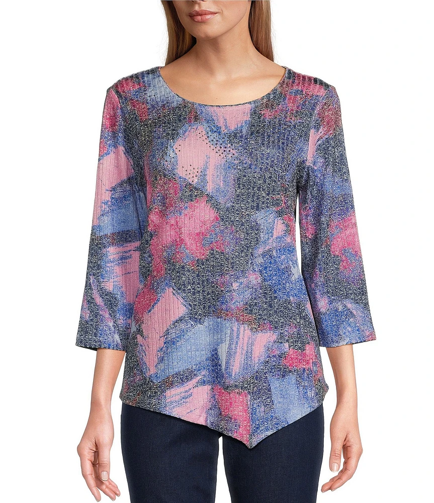 Allison Daley Petite Size Abstract Canvas Print 3/4 Sleeve Crew Neck Asymmetric Hem Knit Top