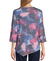 Allison Daley Petite Size Abstract Canvas Print 3/4 Sleeve Crew Neck Asymmetric Hem Knit Top