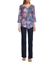 Allison Daley Petite Size Abstract Canvas Print 3/4 Sleeve Crew Neck Asymmetric Hem Knit Top