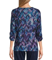 Allison Daley Petite Size Abstract Herringbone Print Embellished 3/4 Ruched Sleeve Crew Neck Abstract Tee Shirt